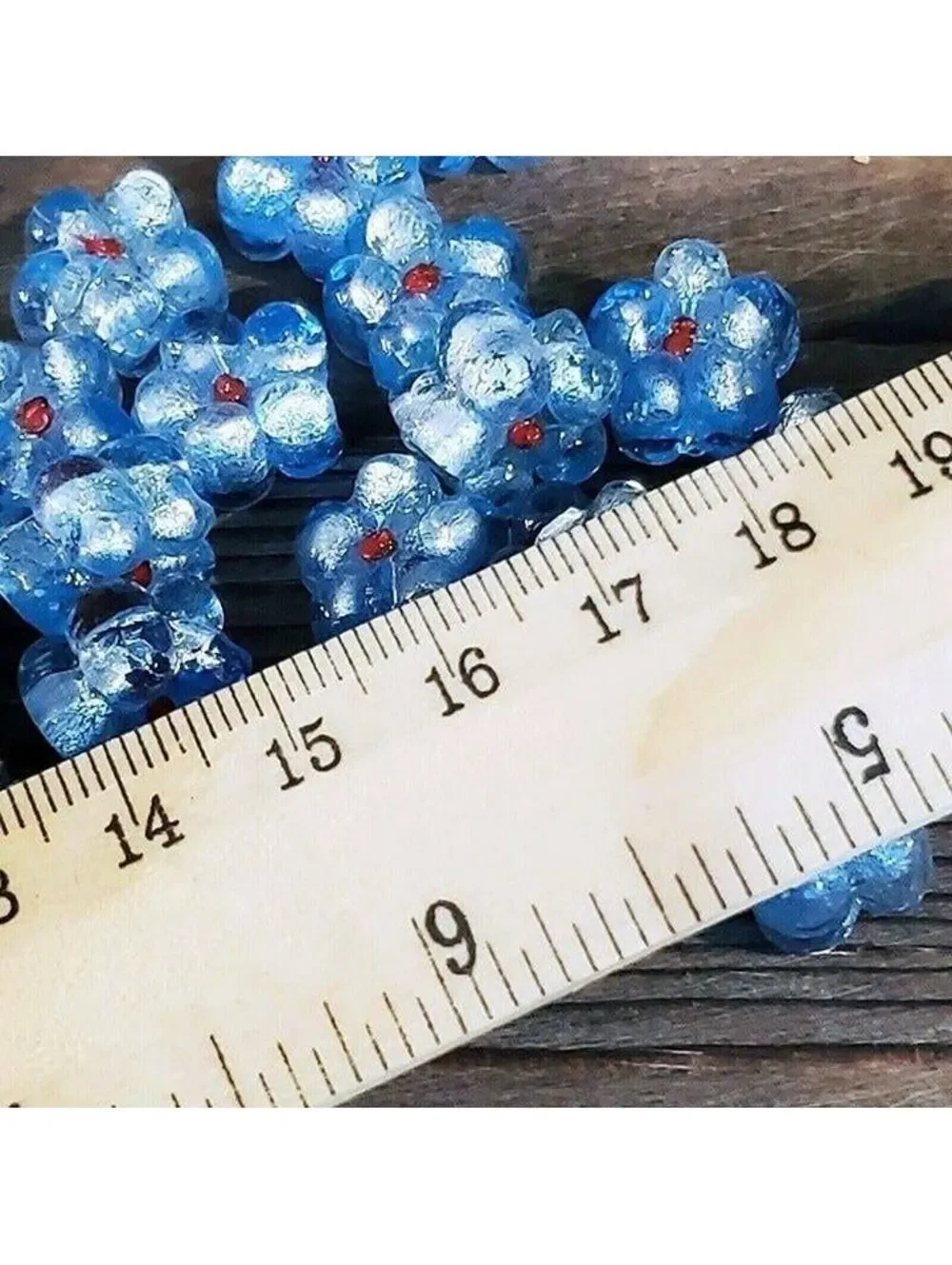5 Vintage India Glass Icy Blue Flower Beads with Silver Foil